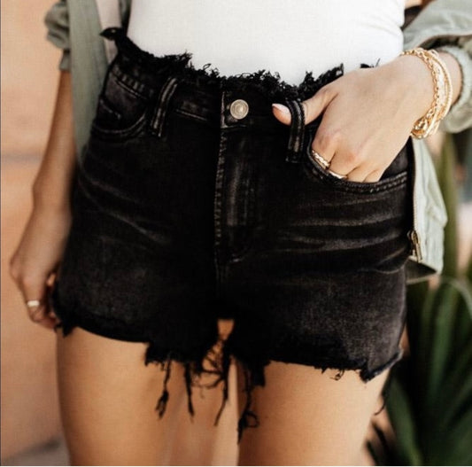 Ebony High-Rise Black Denim Frayed Waist Shorts