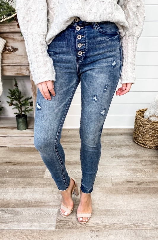 Padme High Rise Exposed Button Fly Skinny Jeans
