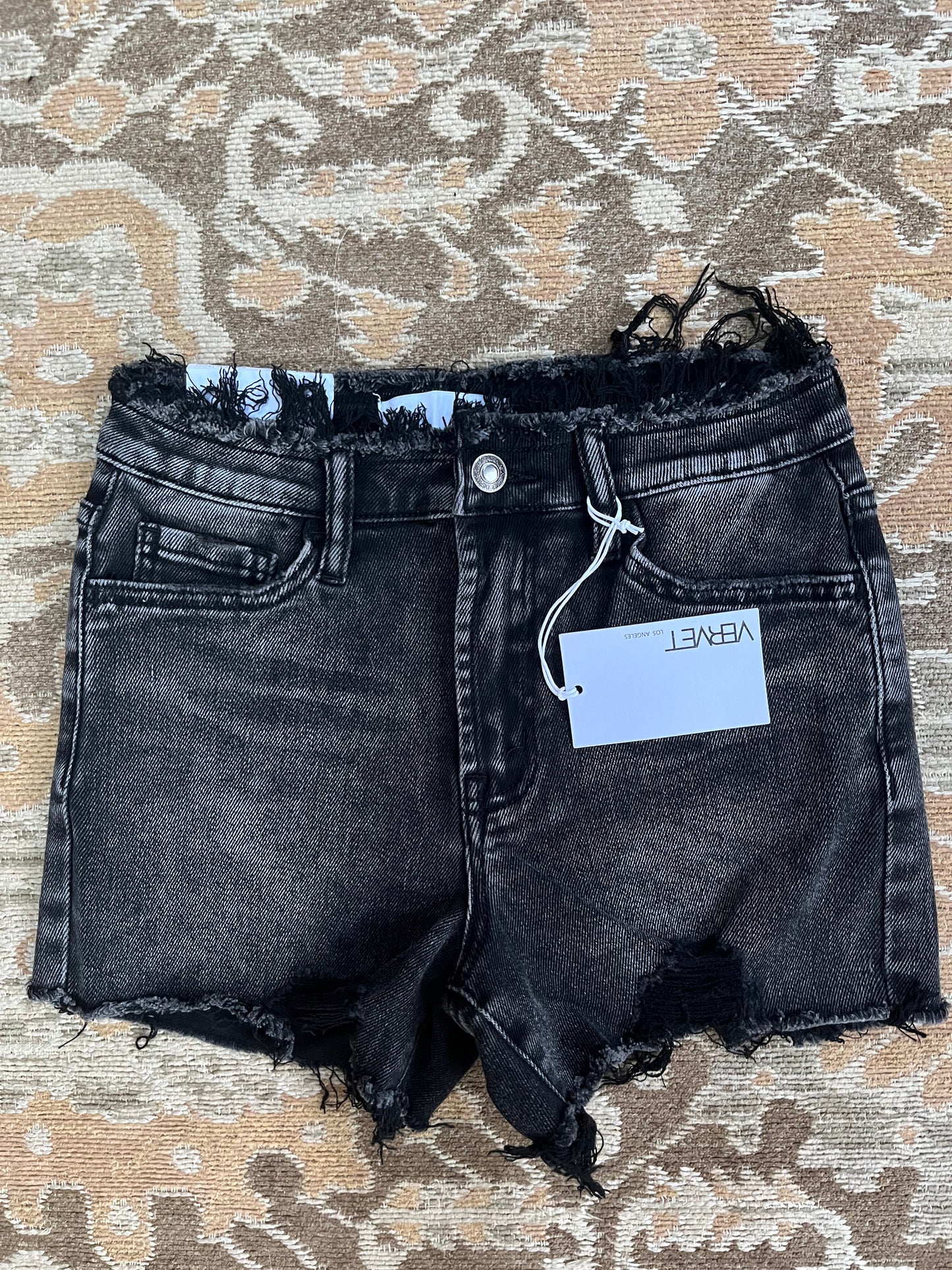 Ebony High-Rise Black Denim Frayed Waist Shorts
