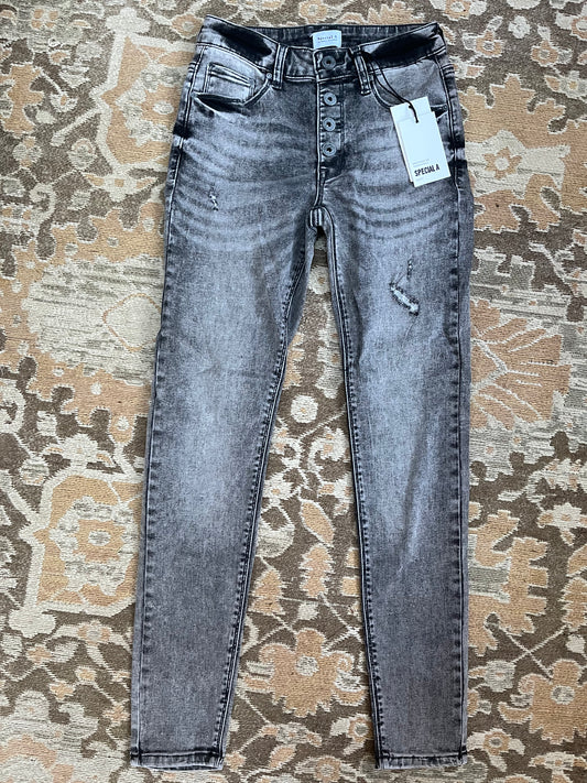 Harmony Grey Mid-Rise Button Fly Skinny Jeans
