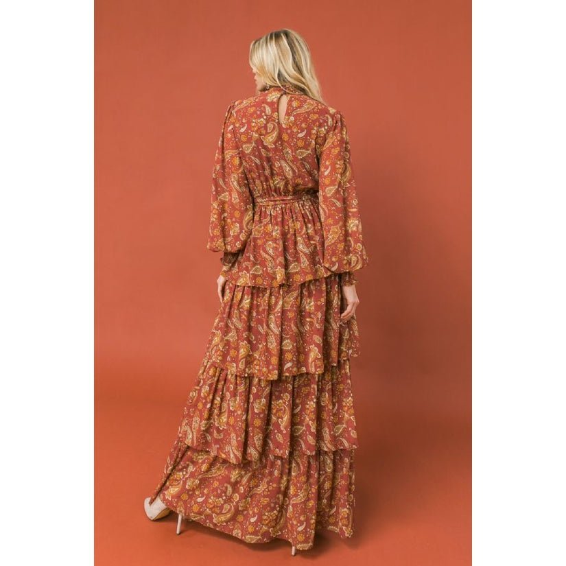 Burgundy Paisley Tiered Maxi Dress - Wild Luxe Boutique