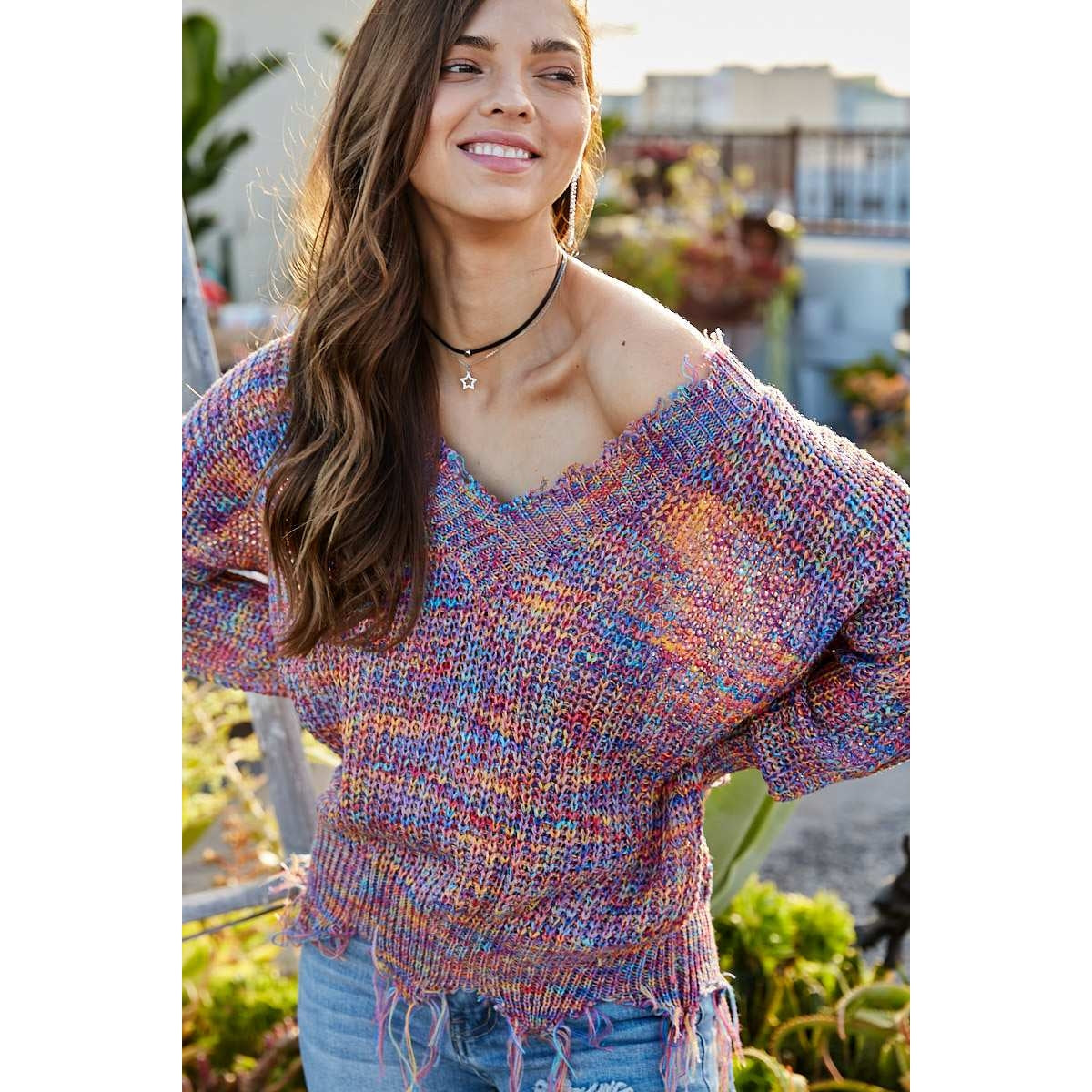 Multi-Color Frayed V-Neck Sweater - Wild Luxe Boutique
