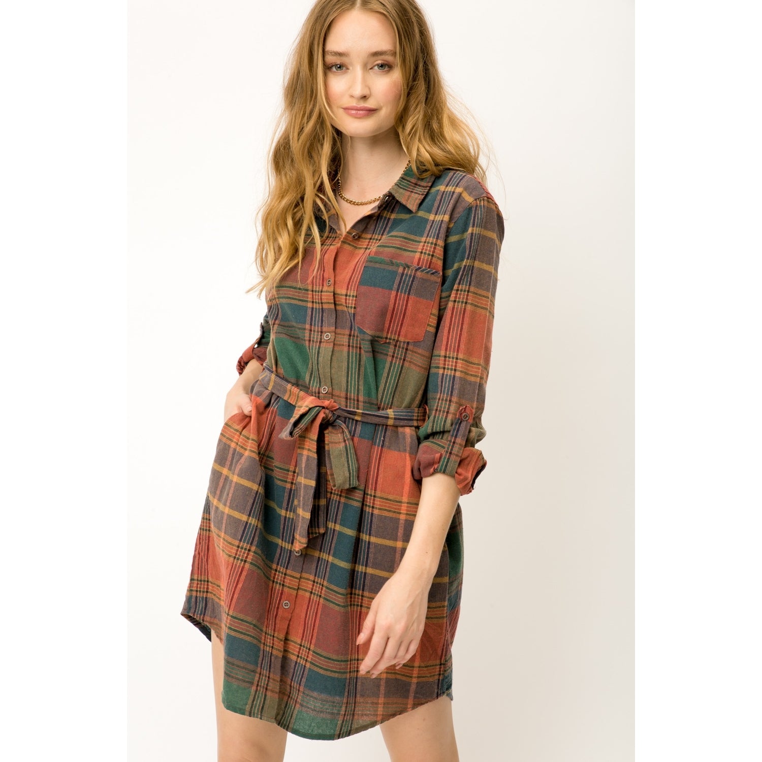 Plaid Waist Tie Mini Shirt Dress - Wild Luxe Boutique