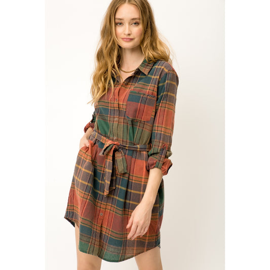 Plaid Waist Tie Mini Shirt Dress - Wild Luxe Boutique