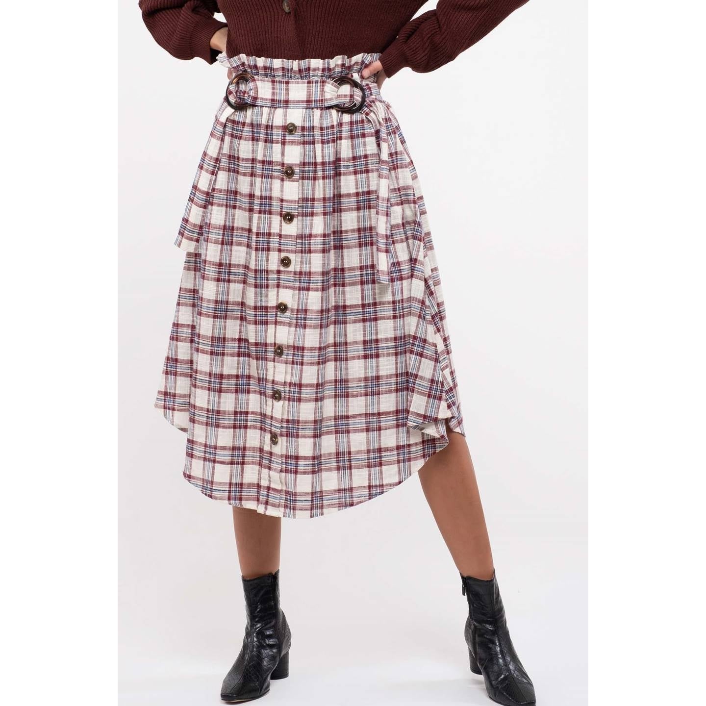 Woven Plaid Paperbag Belted Midi Skirt - Wild Luxe Boutique
