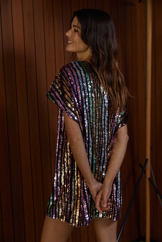 By Together Multi Stripe Short Sleeve Sequin Dress