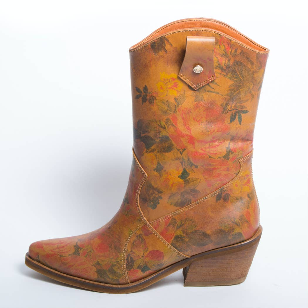 Santa Monica Tan Roses Leather Boots