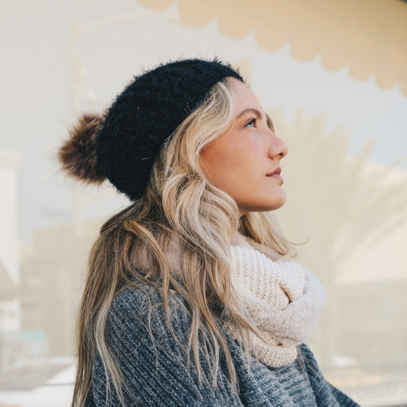 Faux Mohair Cable Knit Pom Pom Beanie - Wild Luxe Boutique