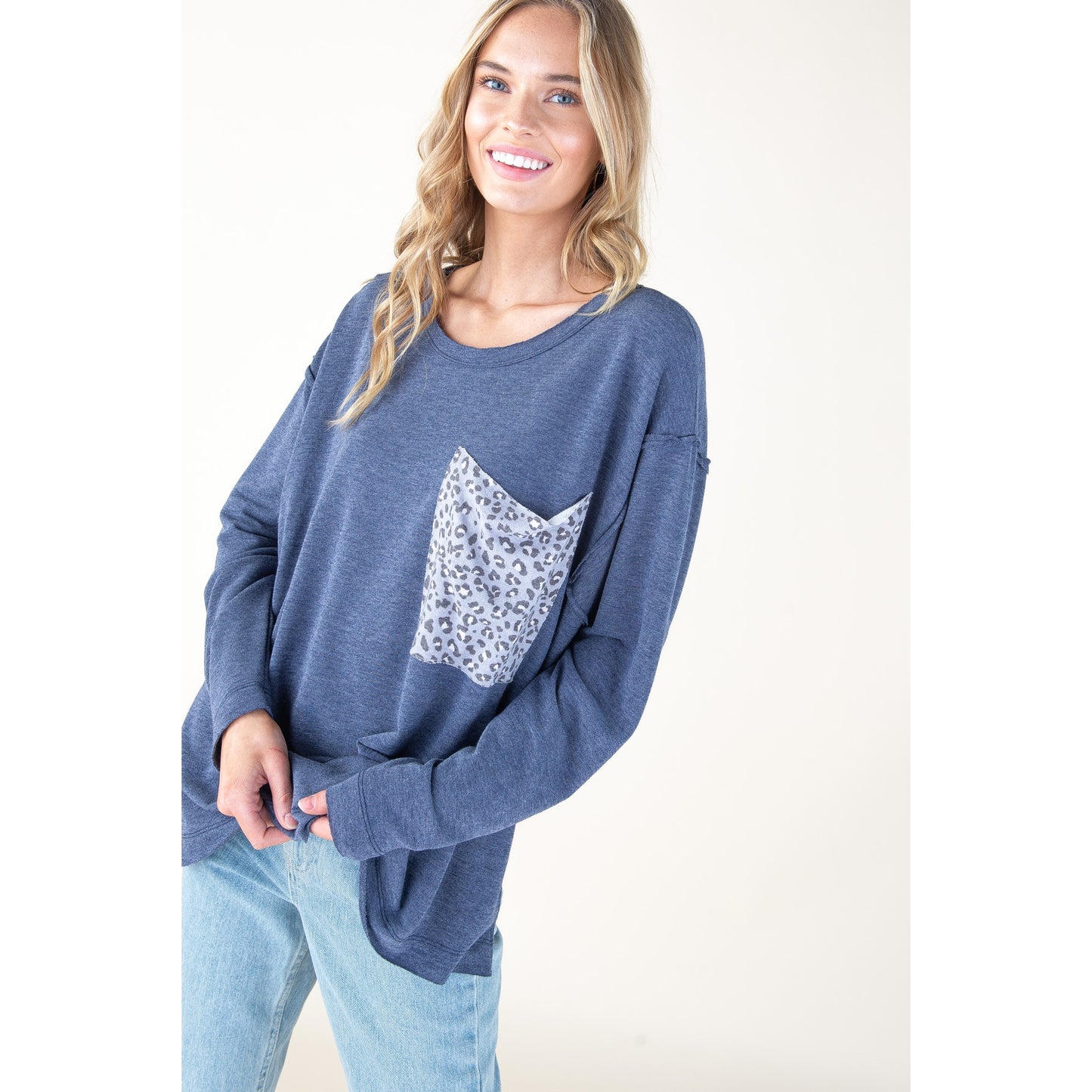 Navy Animal Print Pocket Top - Wild Luxe Boutique