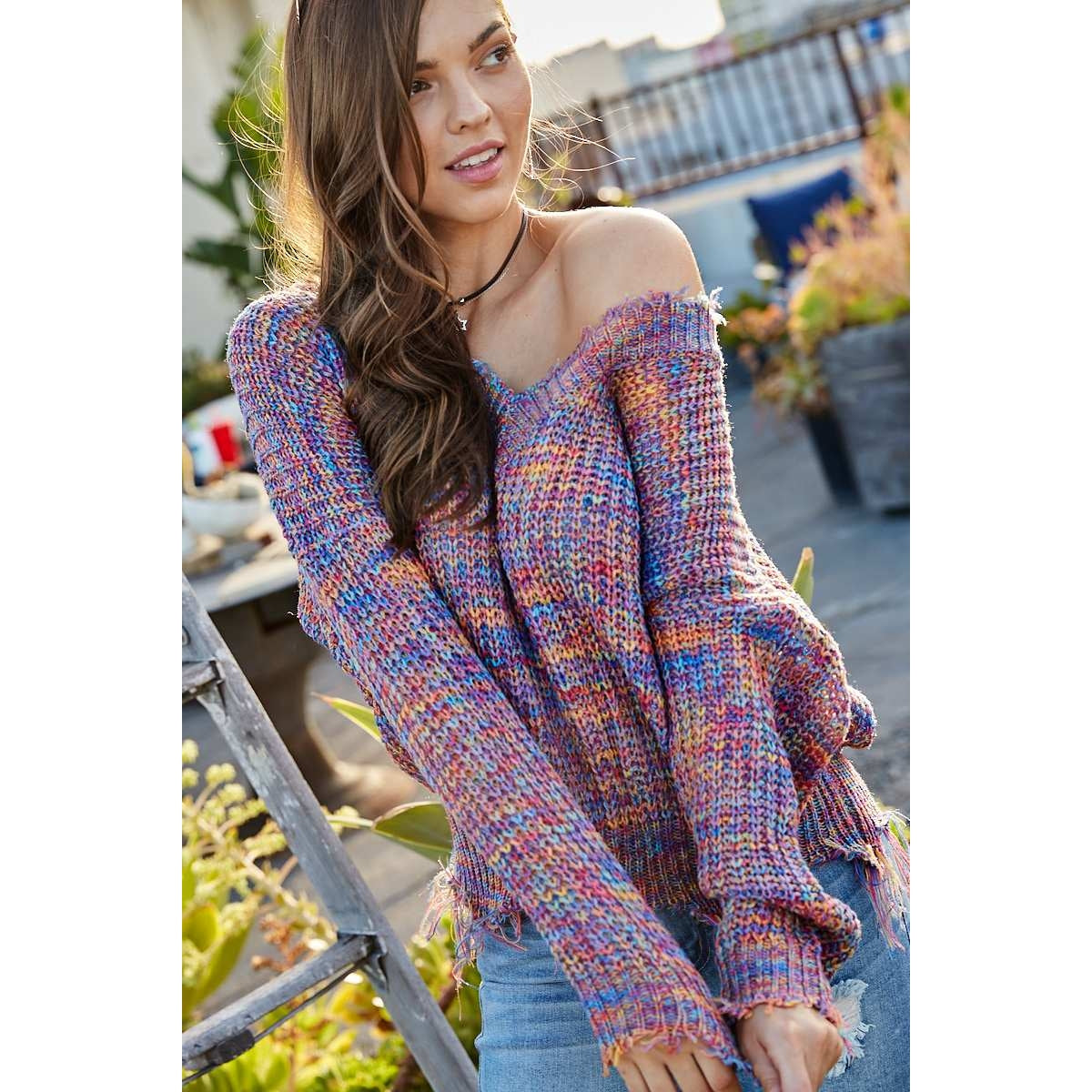 Multi-Color Frayed V-Neck Sweater - Wild Luxe Boutique