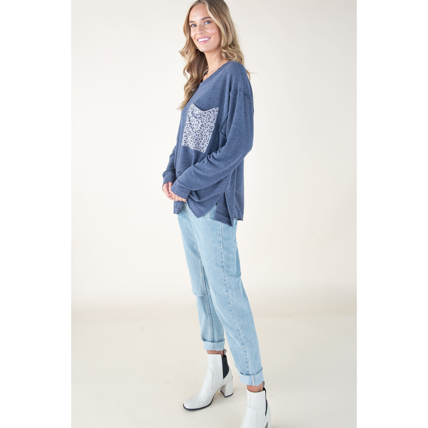 Navy Animal Print Pocket Top - Wild Luxe Boutique