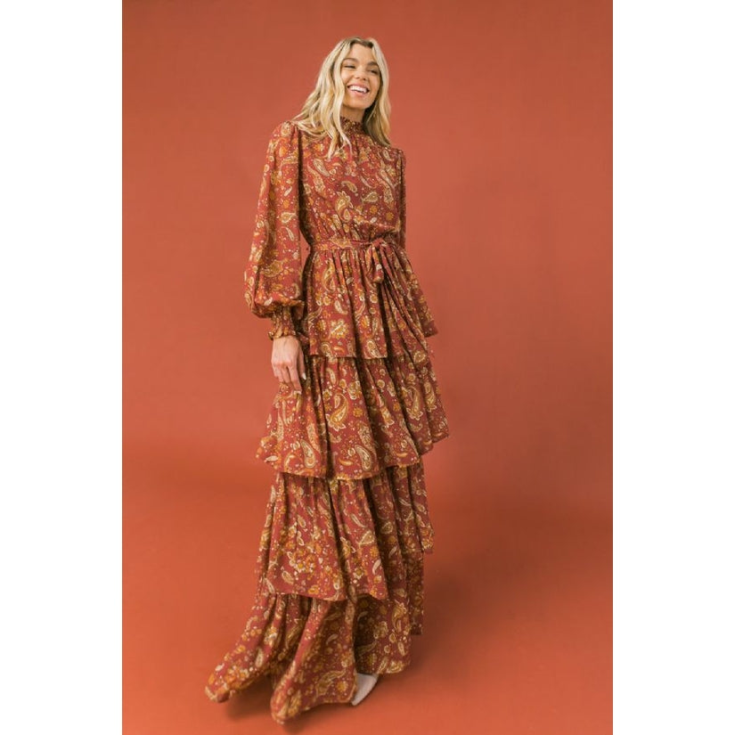Burgundy Paisley Tiered Maxi Dress - Wild Luxe Boutique