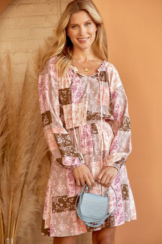 Mocha Blush Patchwork Rose Mini Dress