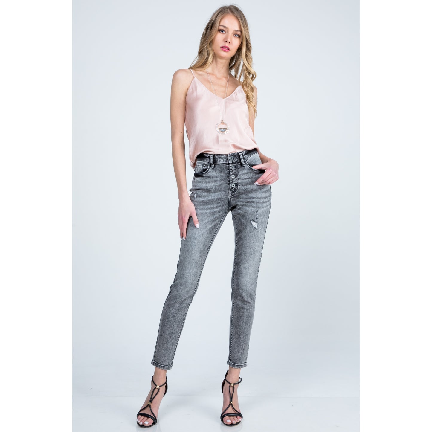 Harmony Grey Mid-Rise Button Fly Skinny Jeans - Wild Luxe Boutique