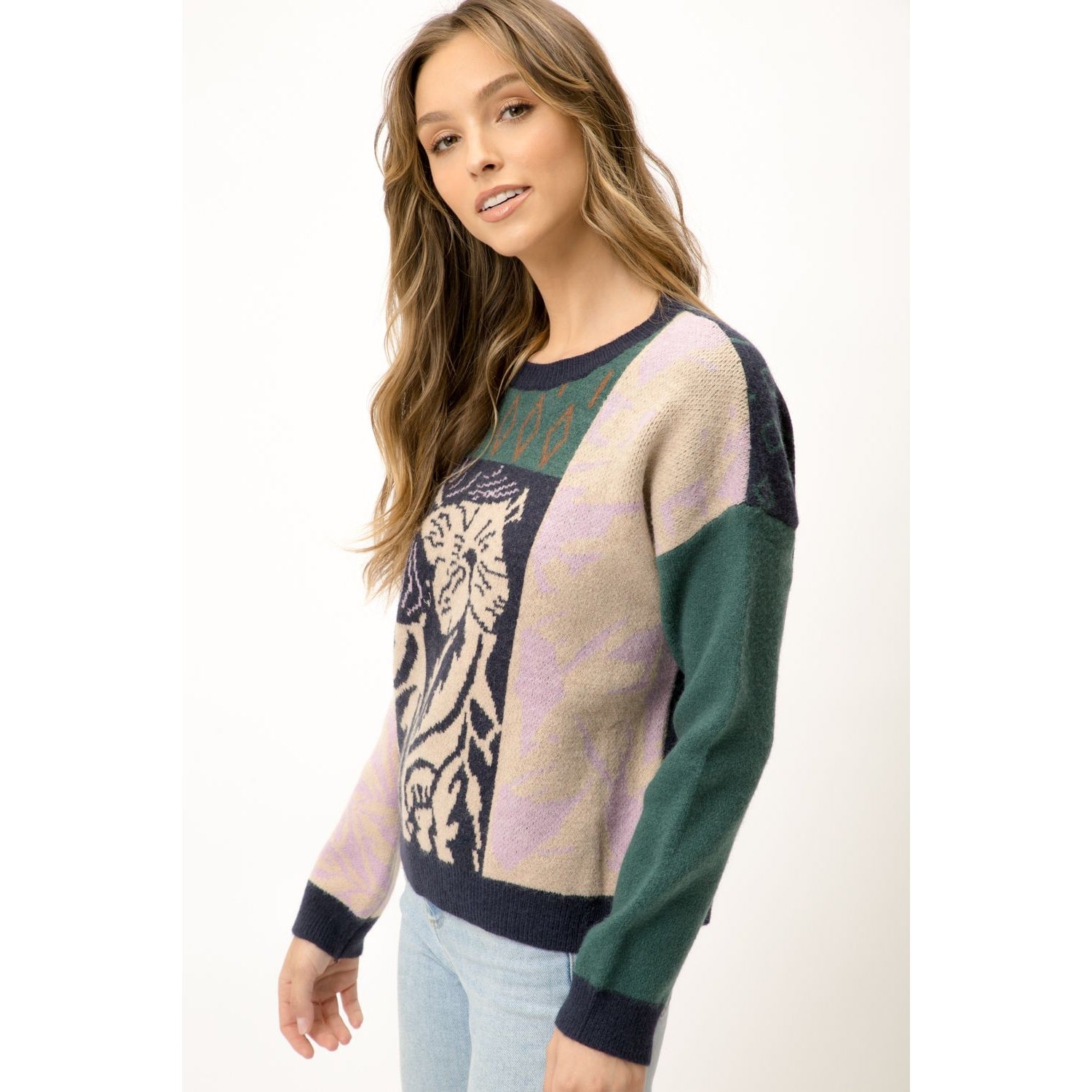 Floral Colorblock Navy Mix Sweater - Wild Luxe Boutique