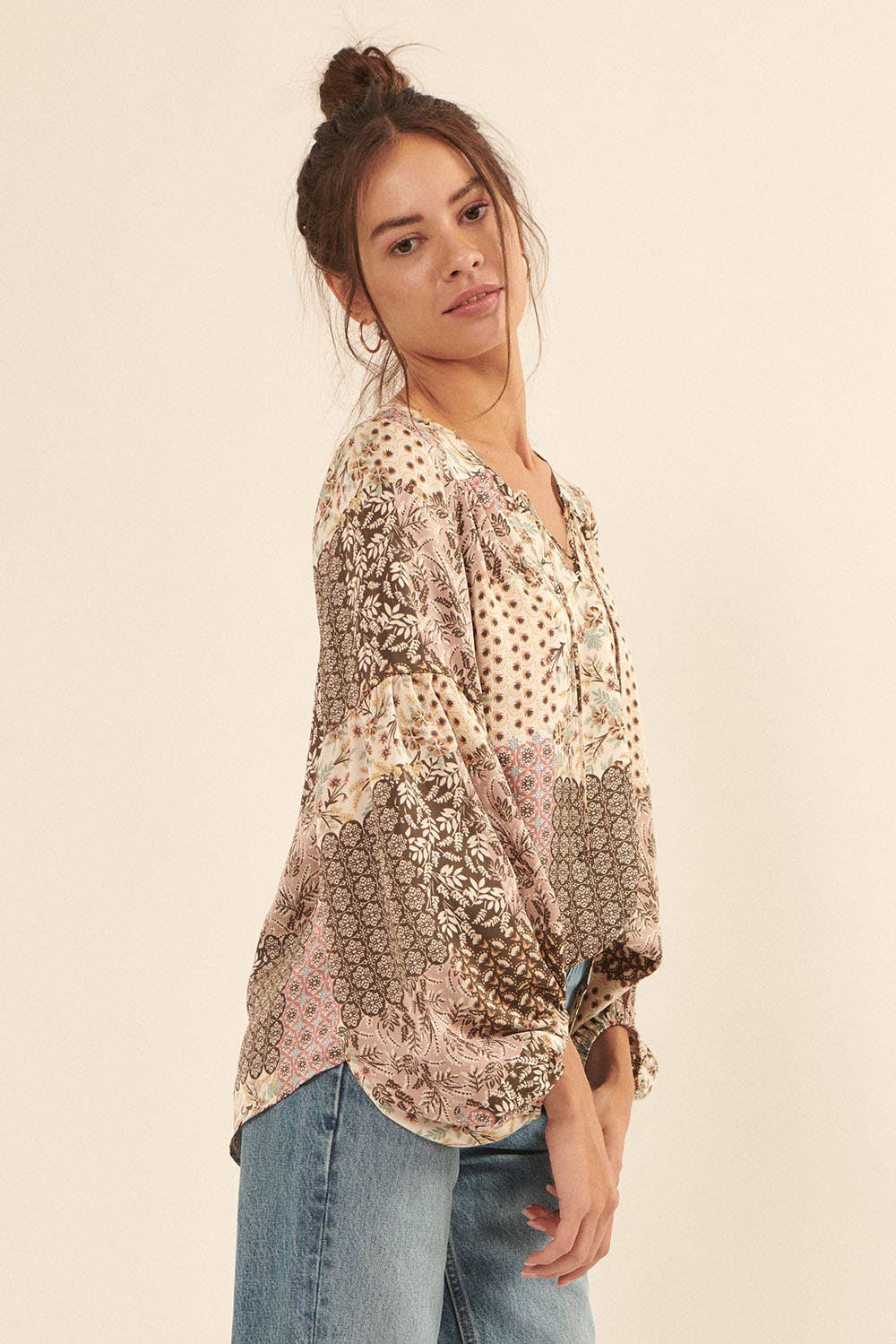 Patchwork Floral V-Neck Peasant Sleeve Blouse