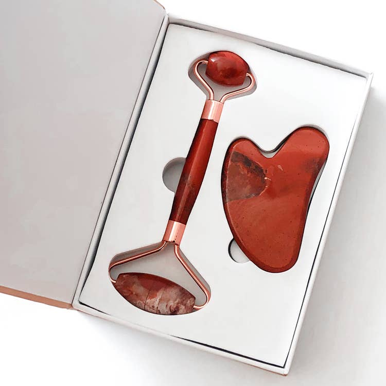 Red Jasper Gemstone Roller + Gua Sha Facial Massage Set - Wild Luxe Boutique