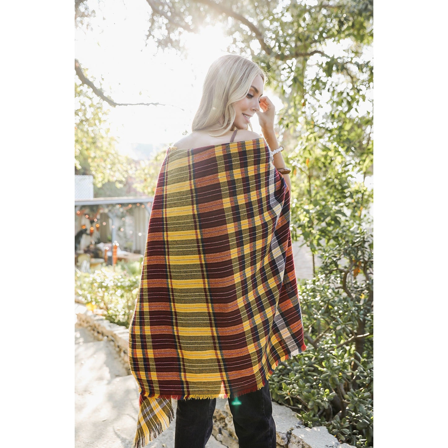 Tartan Check Pocket Frayed Edge Ruana Wrap - Wild Luxe Boutique