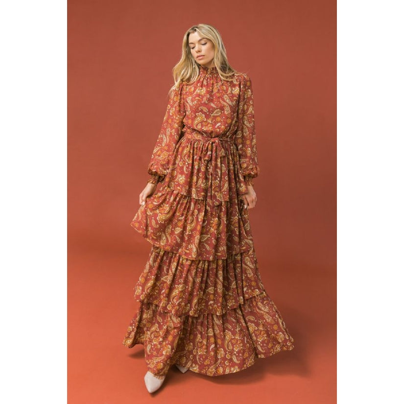 Burgundy Paisley Tiered Maxi Dress - Wild Luxe Boutique