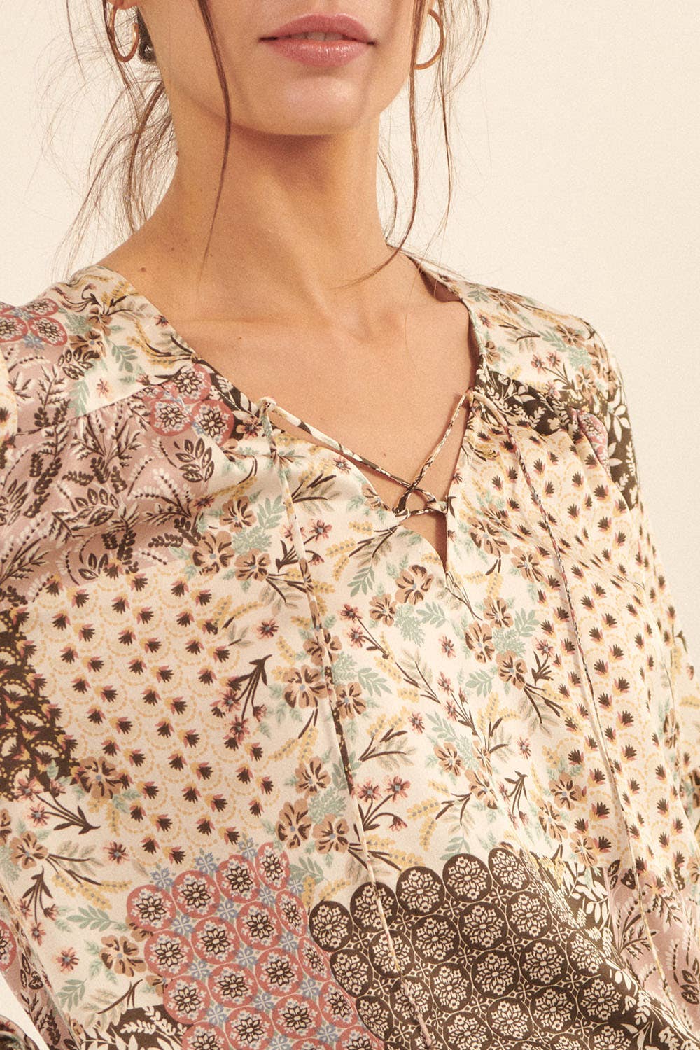 Patchwork Floral V-Neck Peasant Sleeve Blouse