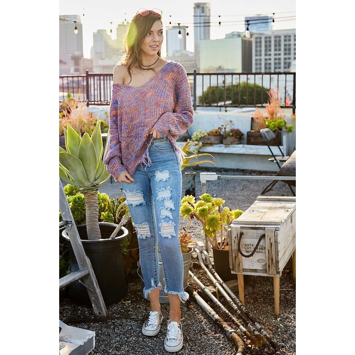 Multi-Color Frayed V-Neck Sweater - Wild Luxe Boutique