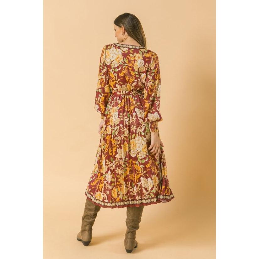 Rust Floral Pleated Midi Dress - Wild Luxe Boutique