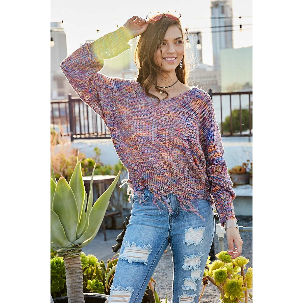 Multi-Color Frayed V-Neck Sweater - Wild Luxe Boutique
