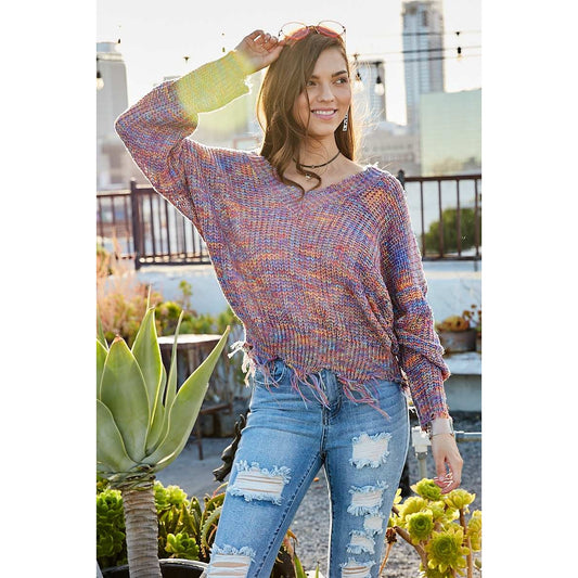 Multi-Color Frayed V-Neck Sweater - Wild Luxe Boutique