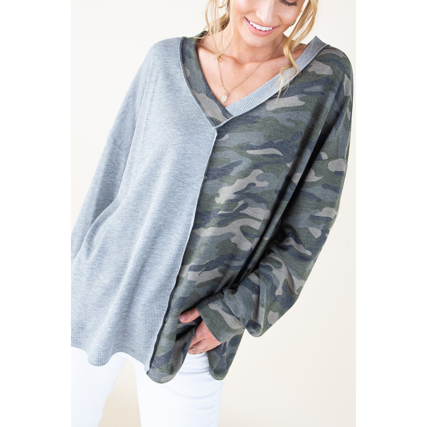 Heather Grey Half Camo Long Sleeve Top - Wild Luxe Boutique