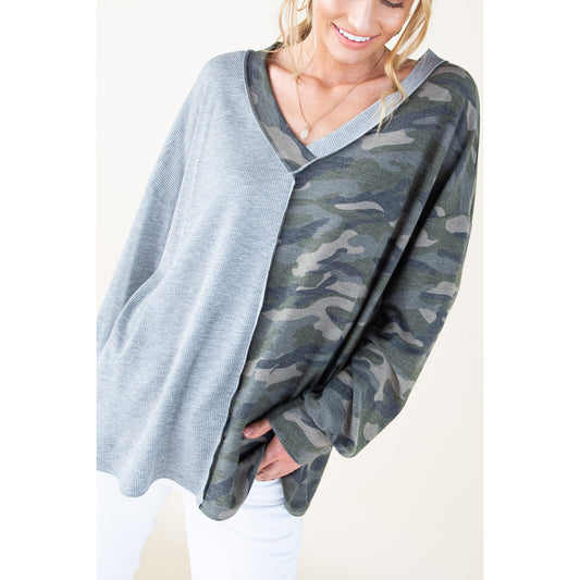 Heather Grey Half Camo Long Sleeve Top - Wild Luxe Boutique