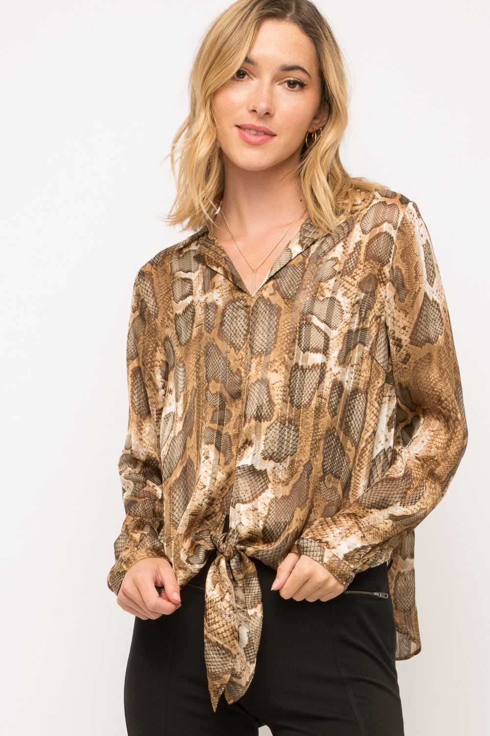 Lurex Snake Print Tie-Front Top - Wild Luxe Boutique