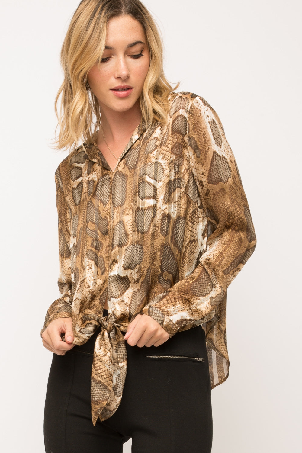 Lurex Snake Print Tie-Front Top - Wild Luxe Boutique