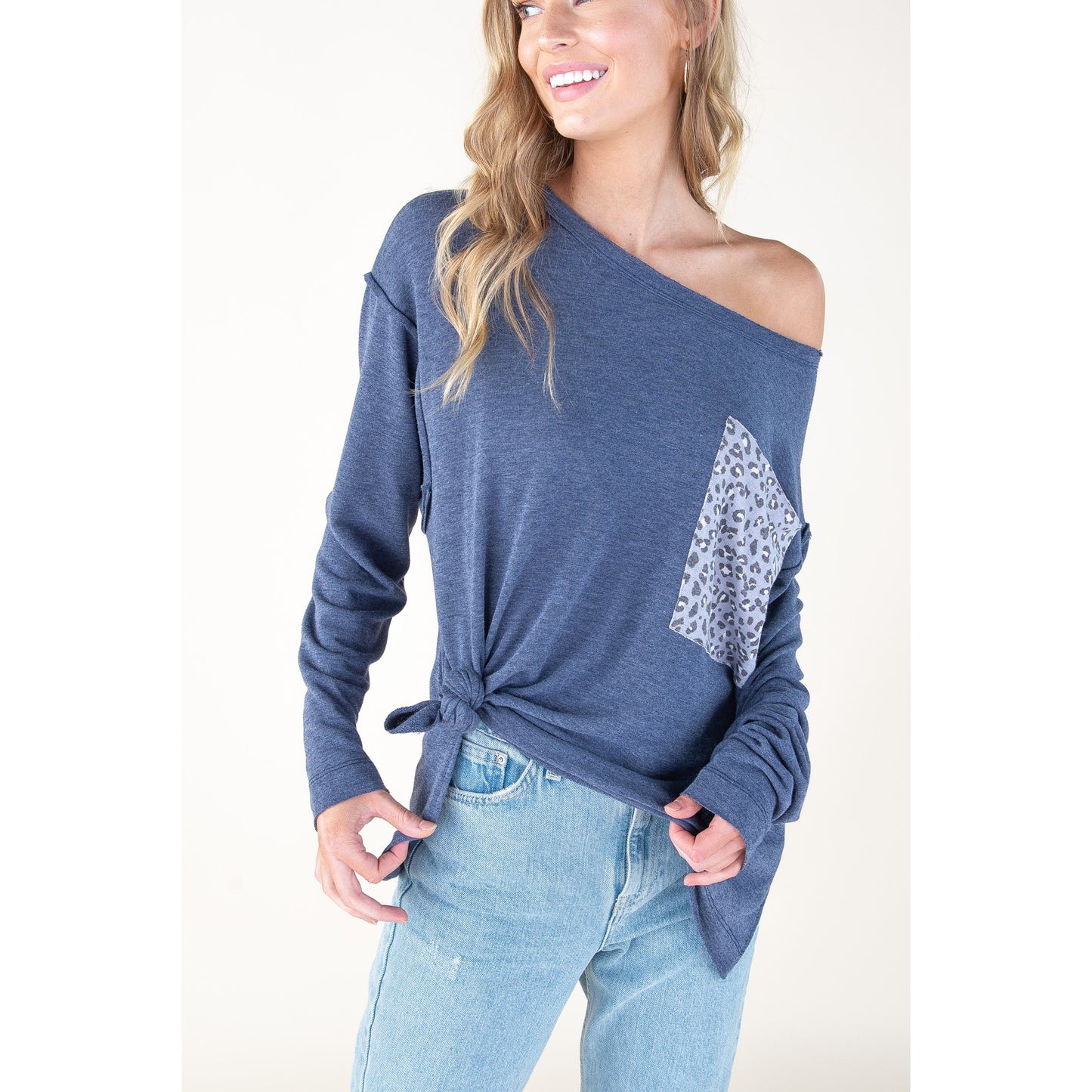 Navy Animal Print Pocket Top - Wild Luxe Boutique