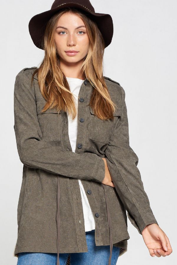 Stone Washed Flap Chest Pocket Contrast Ethnic Print Back Button Down Jacket - Wild Luxe Boutique