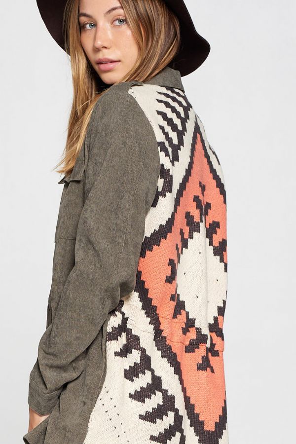 Stone Washed Flap Chest Pocket Contrast Ethnic Print Back Button Down Jacket - Wild Luxe Boutique