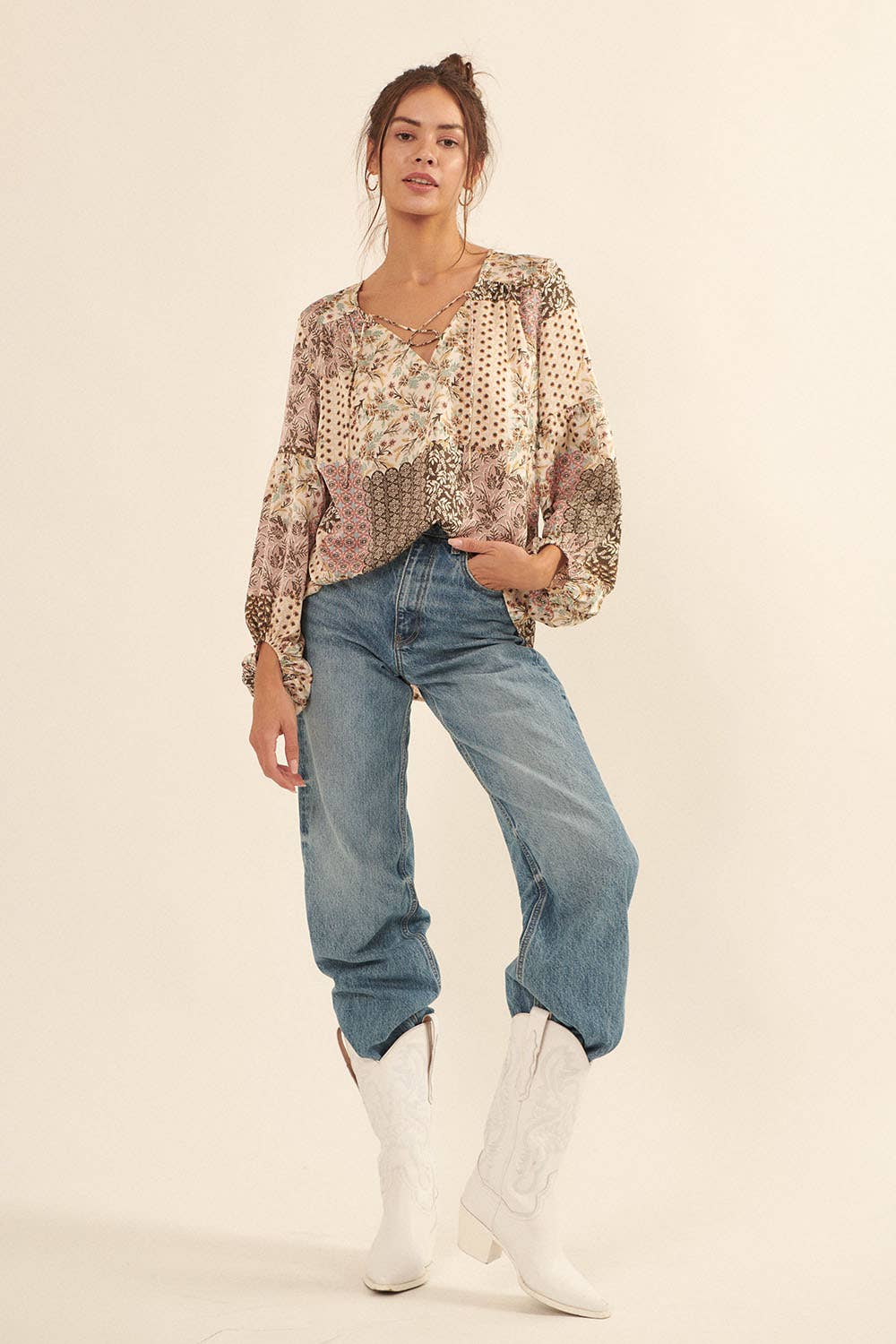Patchwork Floral V-Neck Peasant Sleeve Blouse