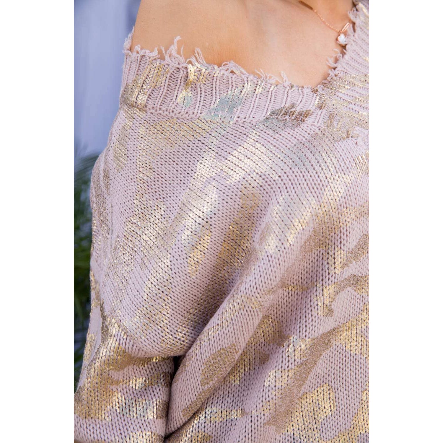 Rose Smoke Leopard Metallic Frayed Sweater - Wild Luxe Boutique