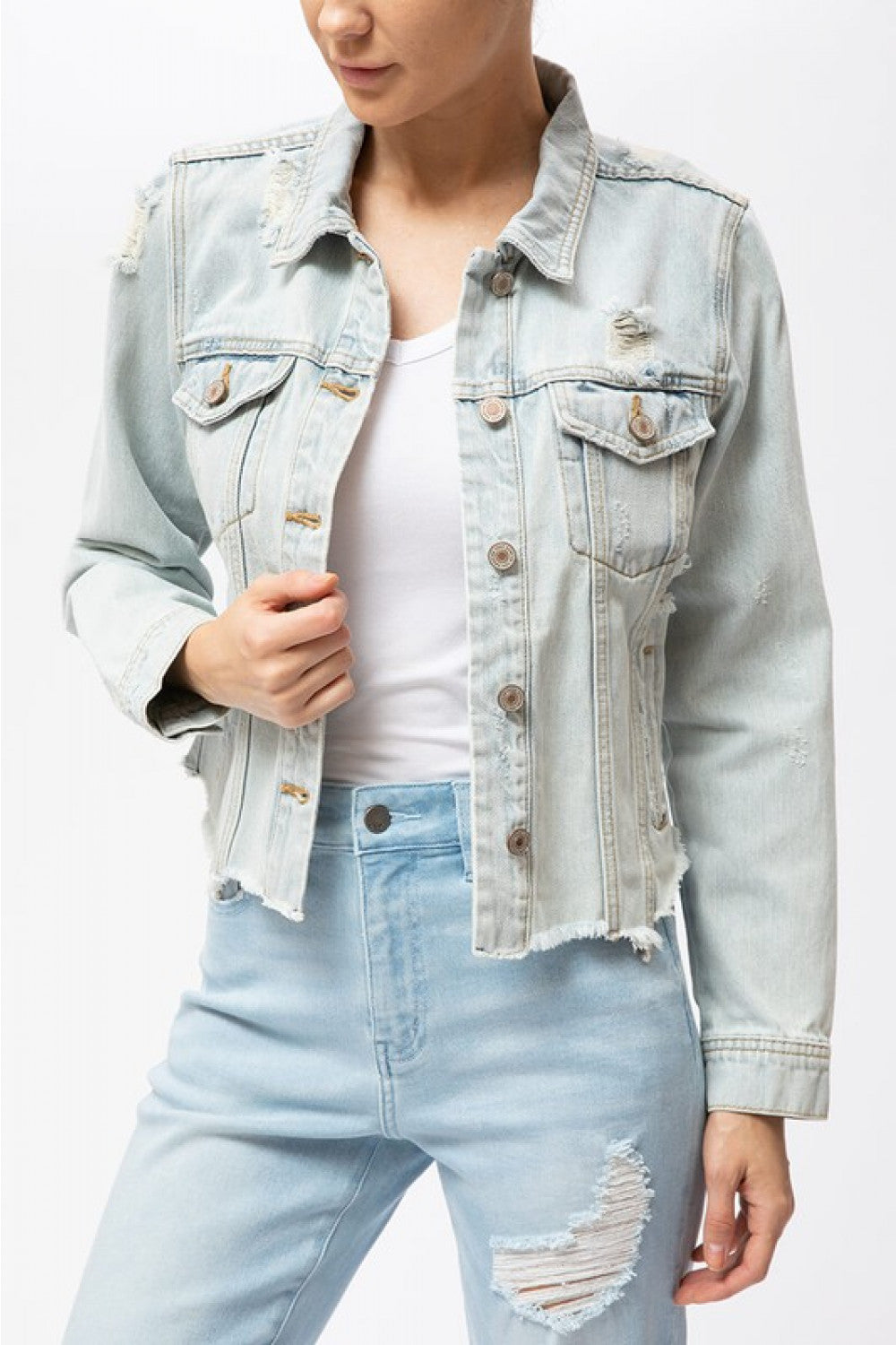 Violet Light Wash Distressed Denim Jacket - Wild Luxe Boutique
