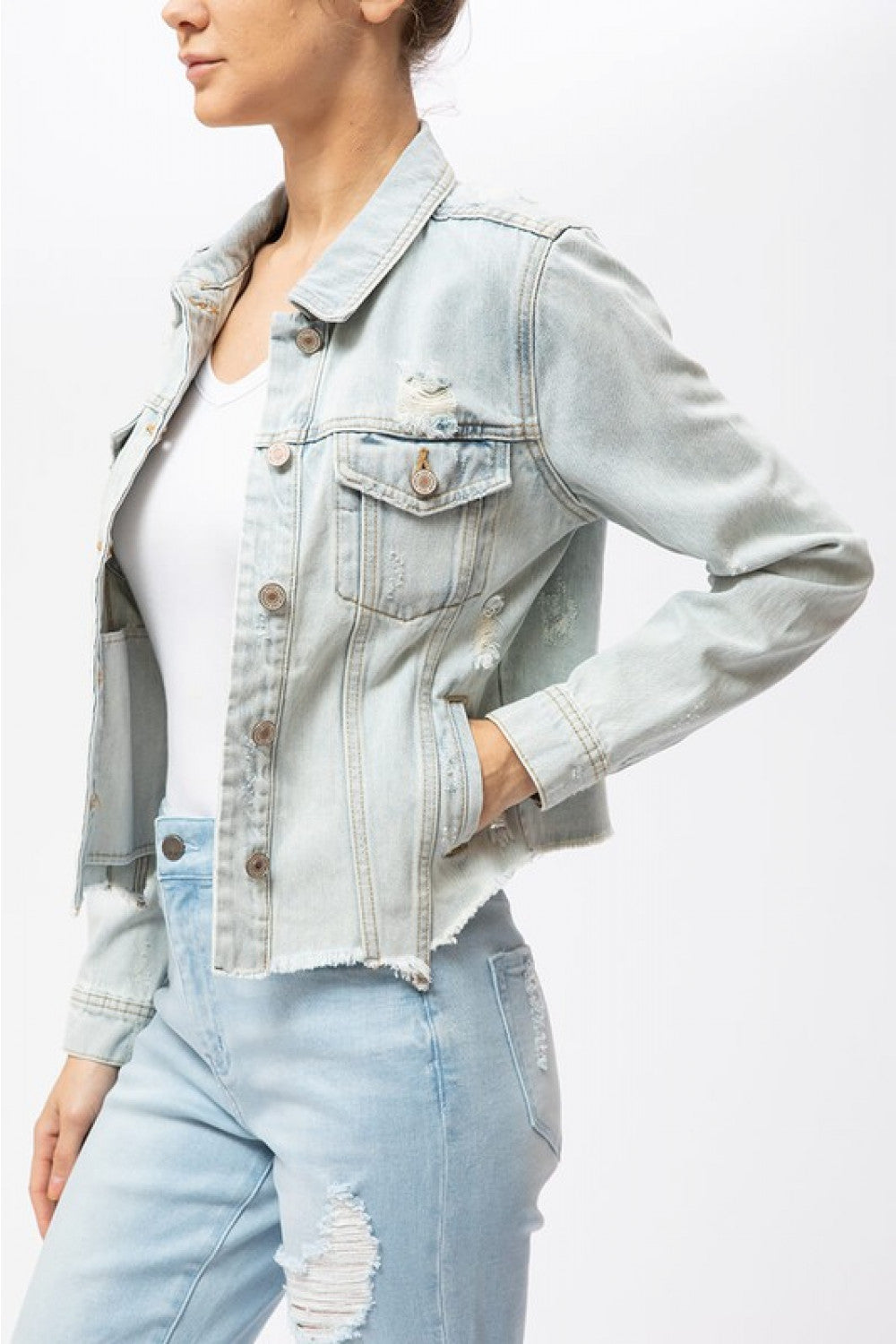 Violet Light Wash Distressed Denim Jacket - Wild Luxe Boutique