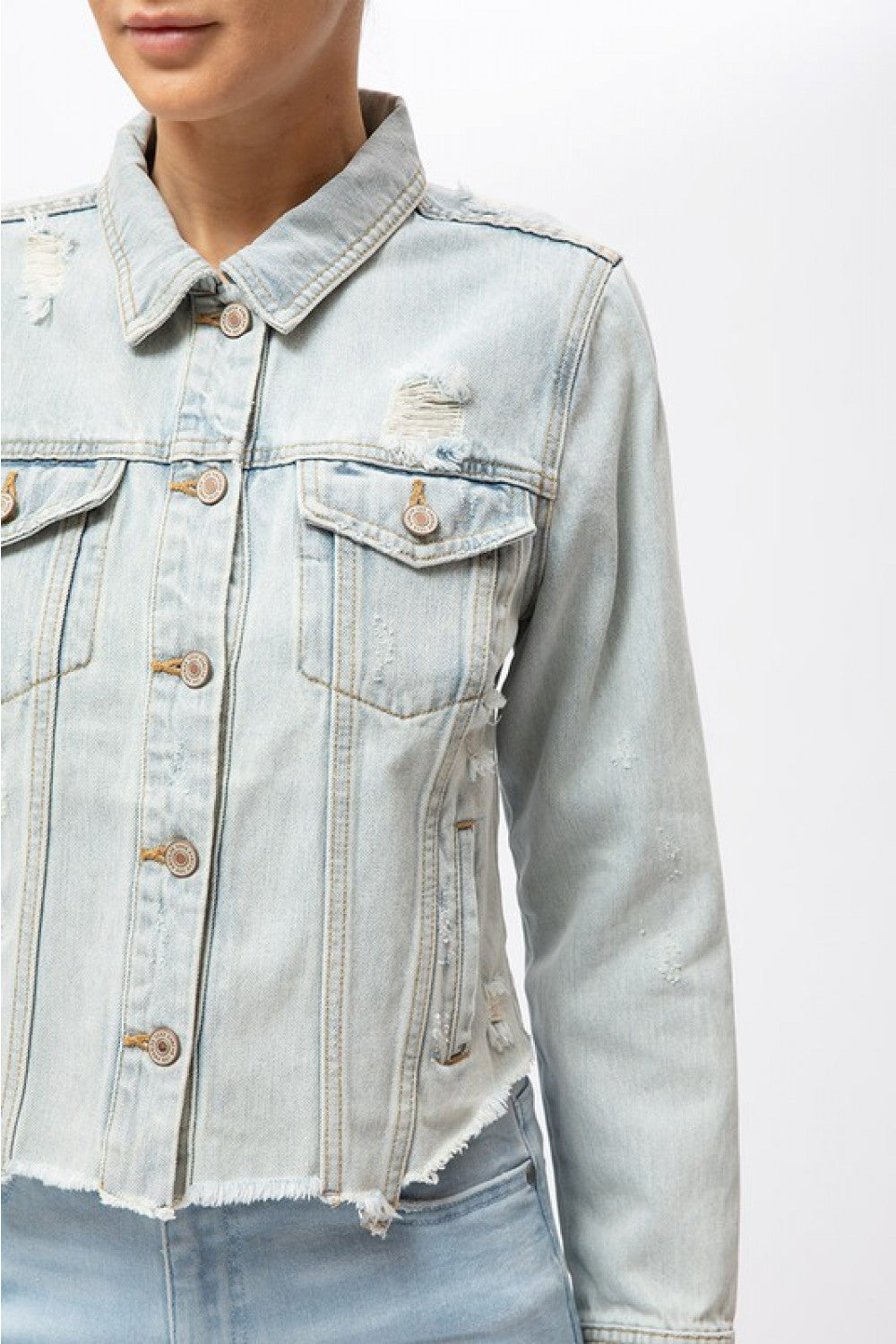 Violet Light Wash Distressed Denim Jacket - Wild Luxe Boutique
