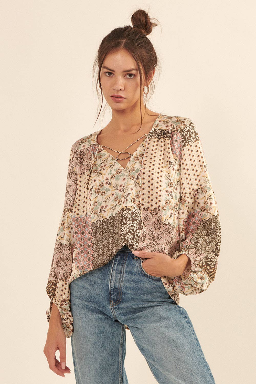 Patchwork Floral V-Neck Peasant Sleeve Blouse