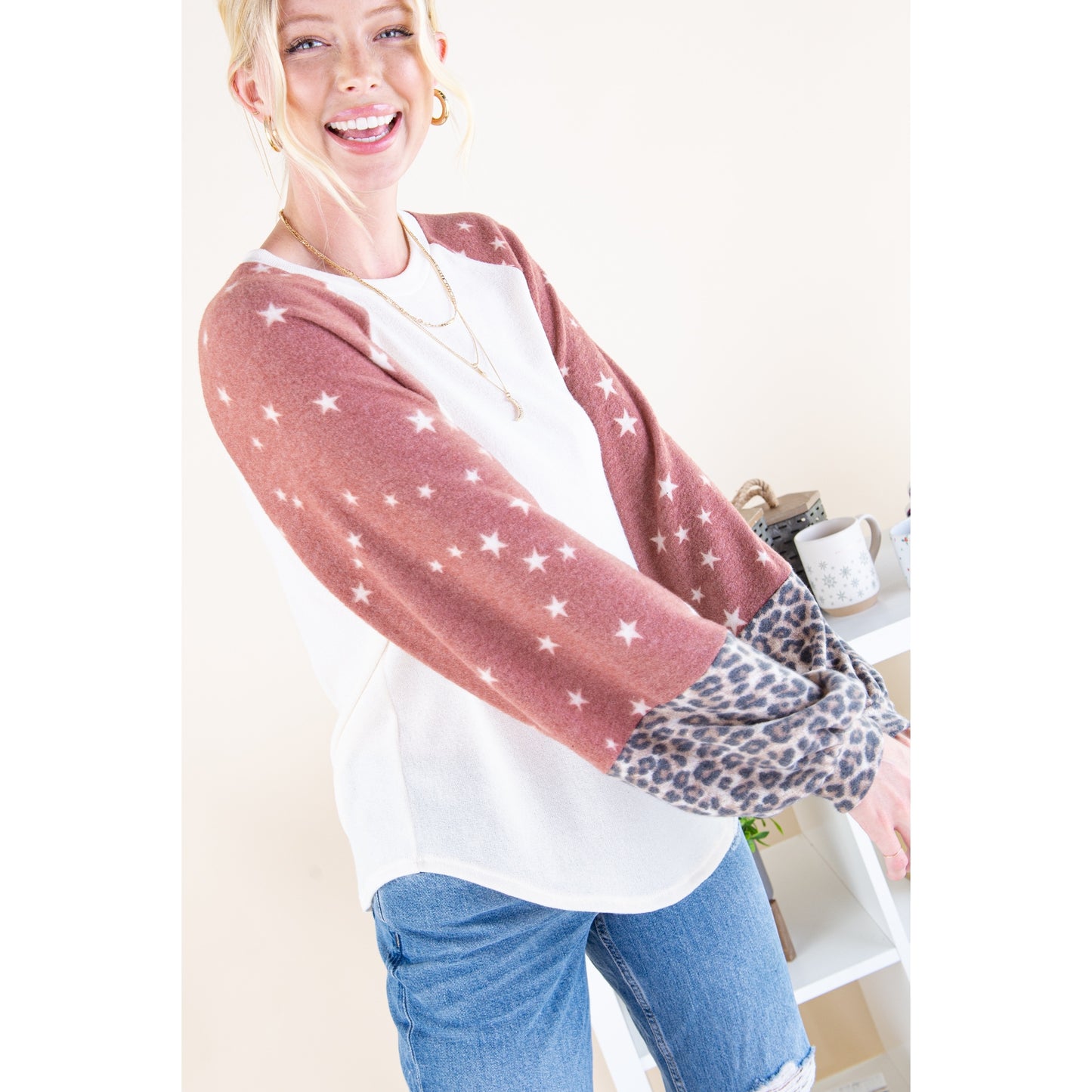 Star & Leopard Print Sleeves Top - Wild Luxe Boutique