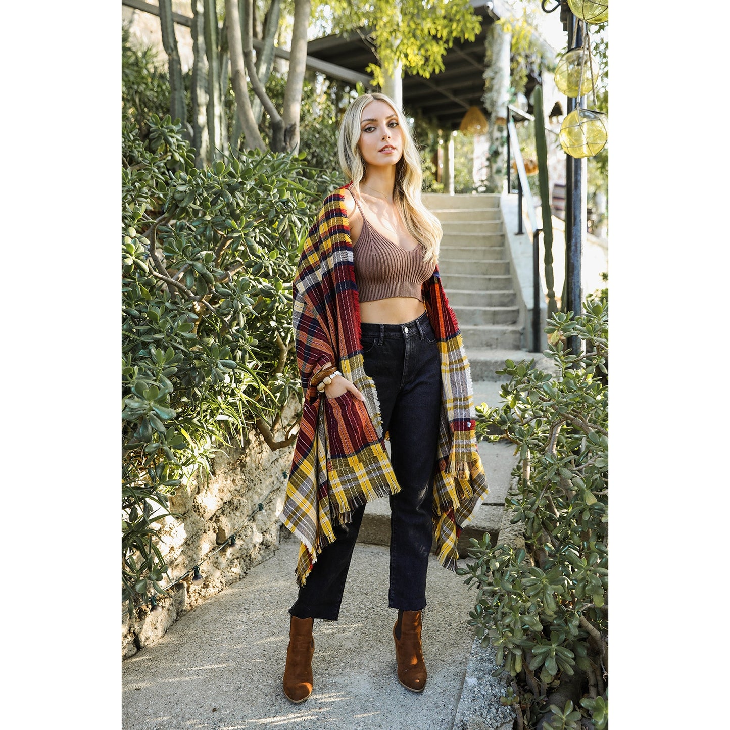 Tartan Check Pocket Frayed Edge Ruana Wrap - Wild Luxe Boutique