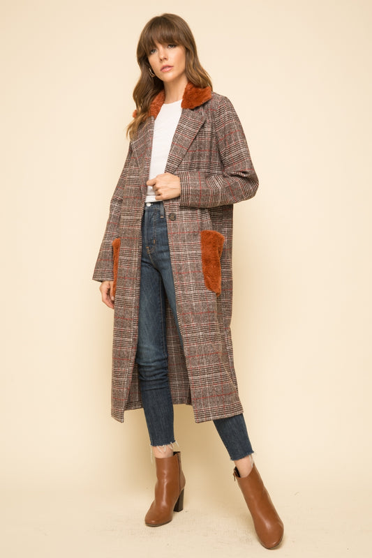 Fur Collar & Pocket Detail Plaid Maxi Coat - Wild Luxe Boutique