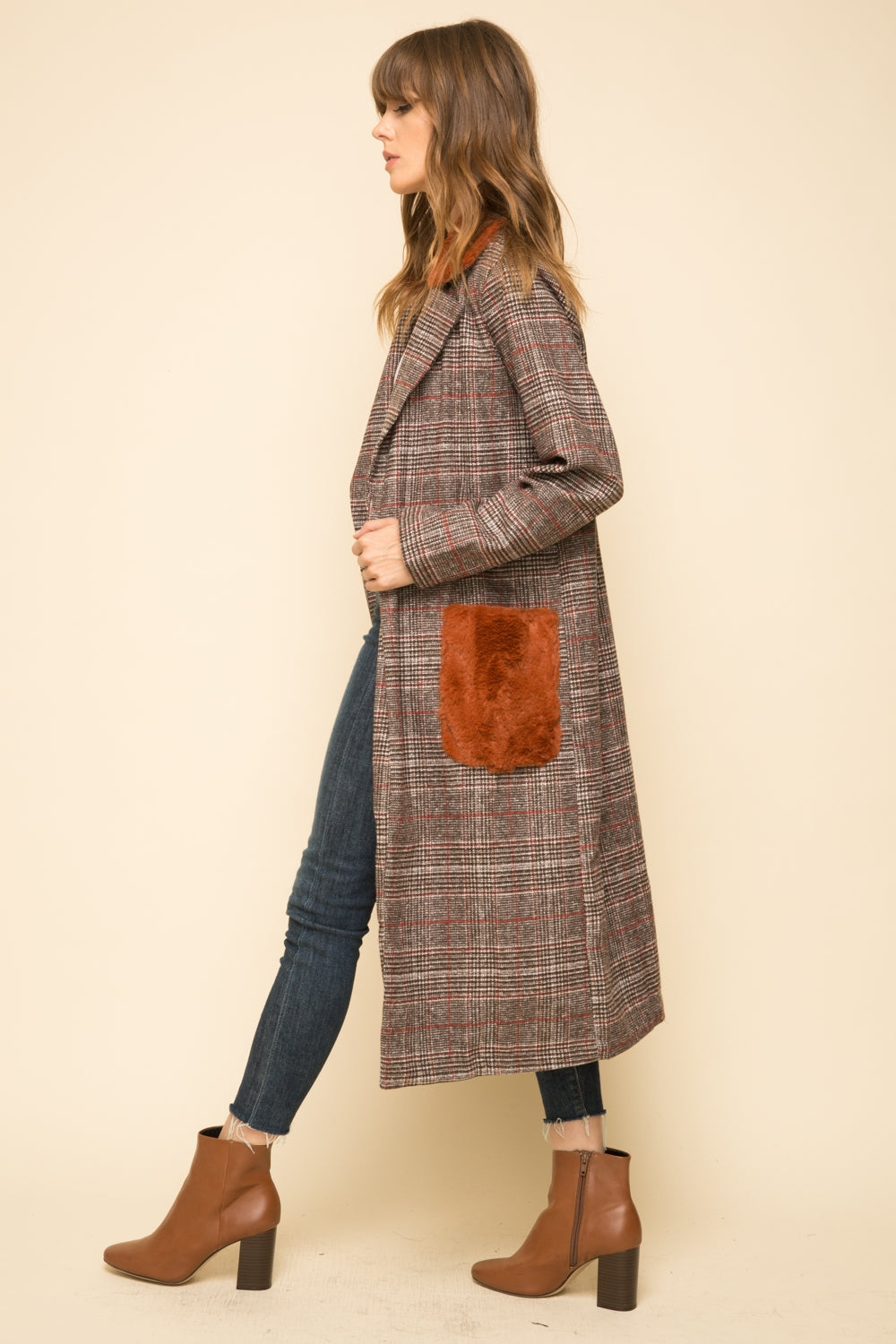 Fur Collar & Pocket Detail Plaid Maxi Coat - Wild Luxe Boutique