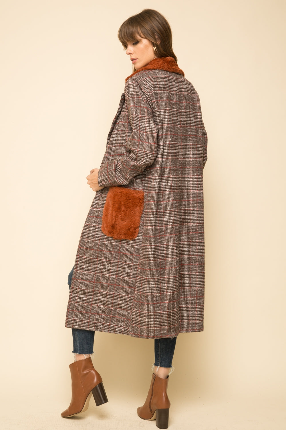 Fur Collar & Pocket Detail Plaid Maxi Coat - Wild Luxe Boutique