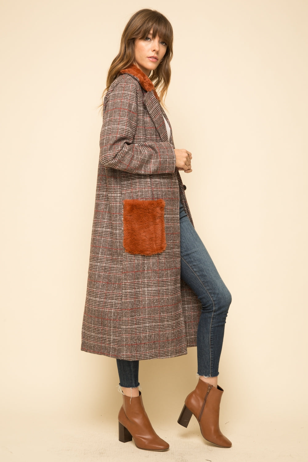 Fur Collar & Pocket Detail Plaid Maxi Coat - Wild Luxe Boutique