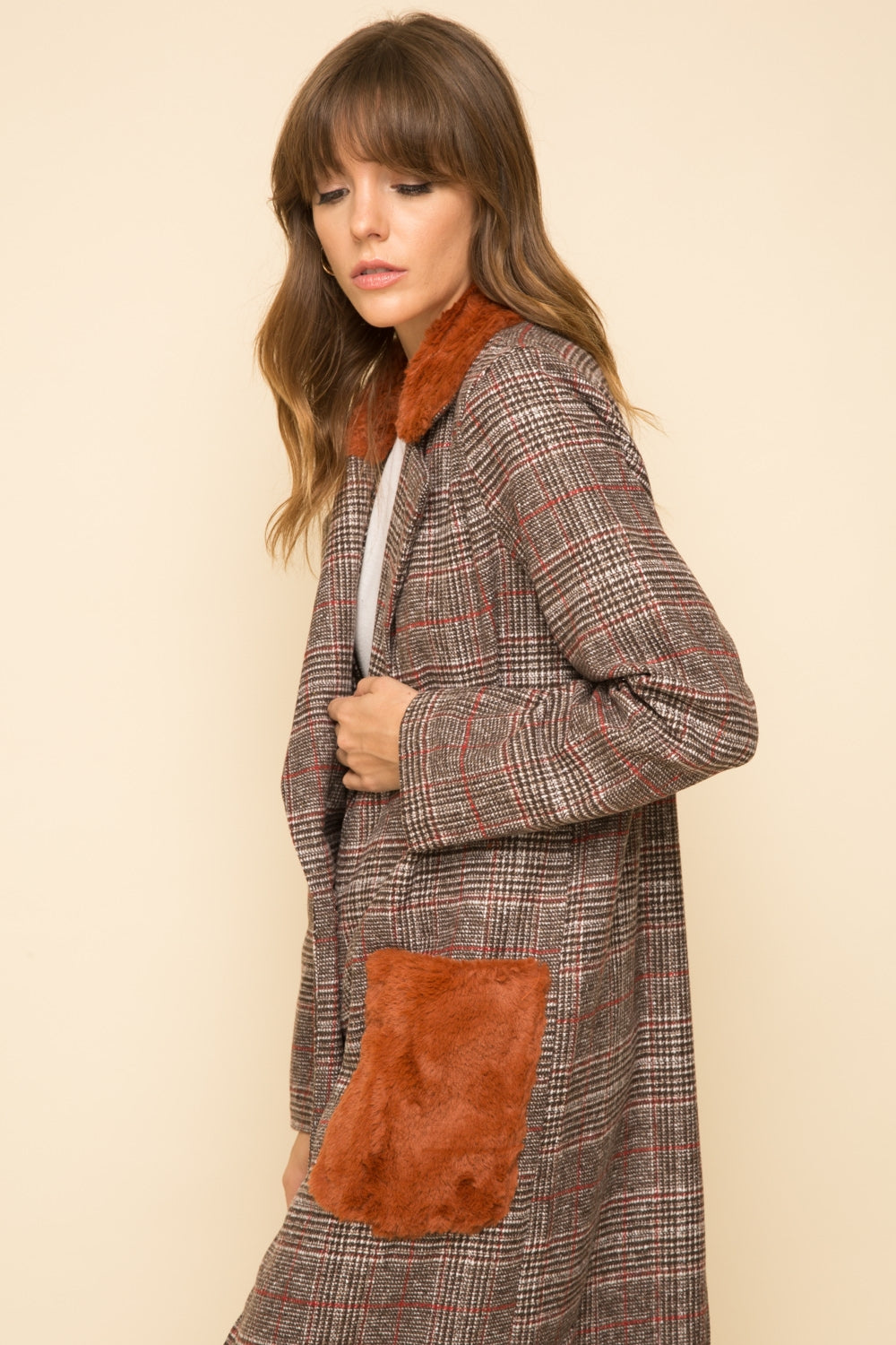 Fur Collar & Pocket Detail Plaid Maxi Coat - Wild Luxe Boutique