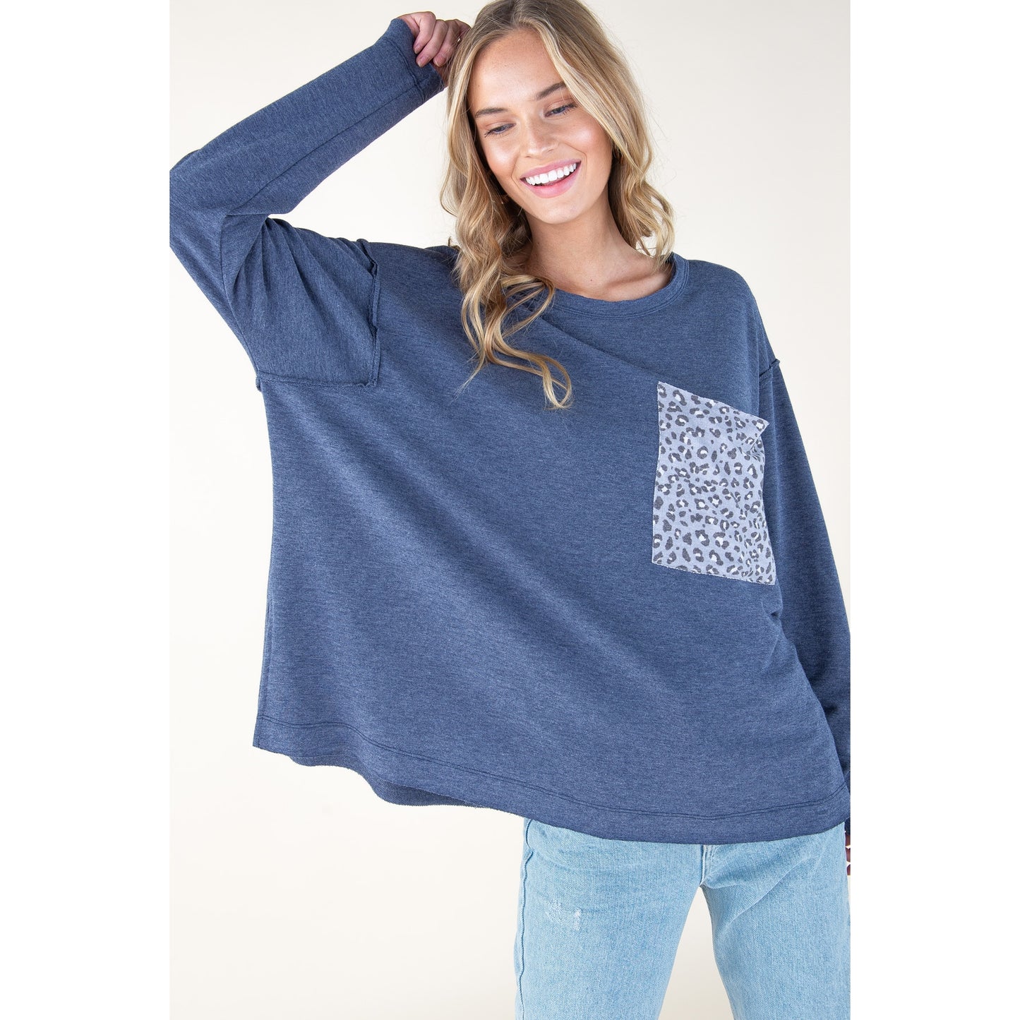 Navy Animal Print Pocket Top - Wild Luxe Boutique