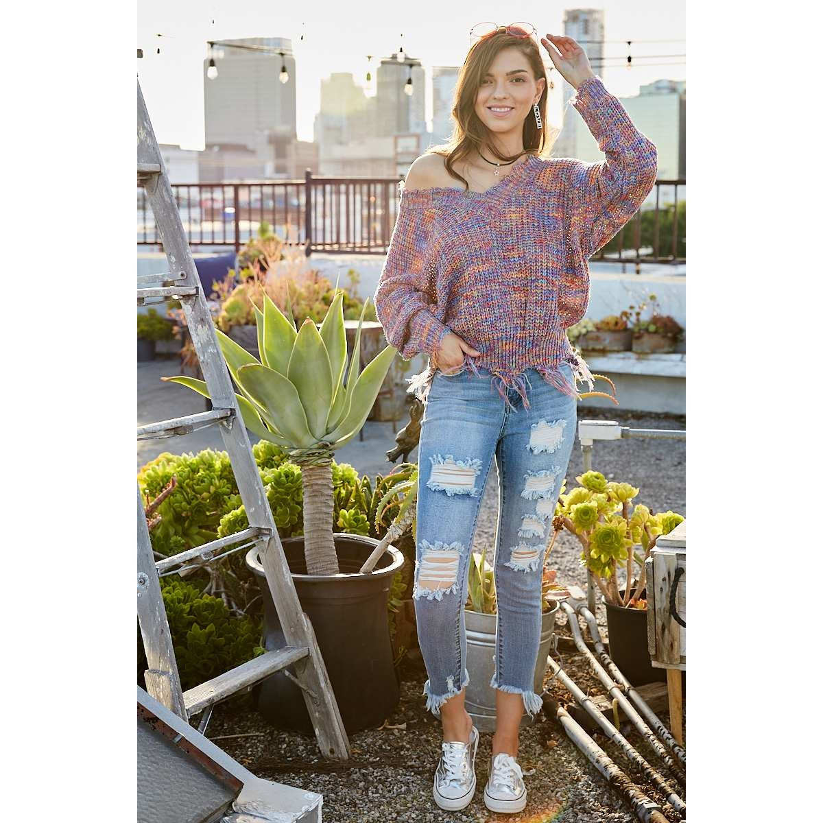 Multi-Color Frayed V-Neck Sweater - Wild Luxe Boutique